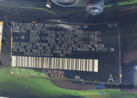 2014 Toyota Sienna L V6 7 Passenger из США, поврежденный, VIN 5TDZK3DC5ES440825